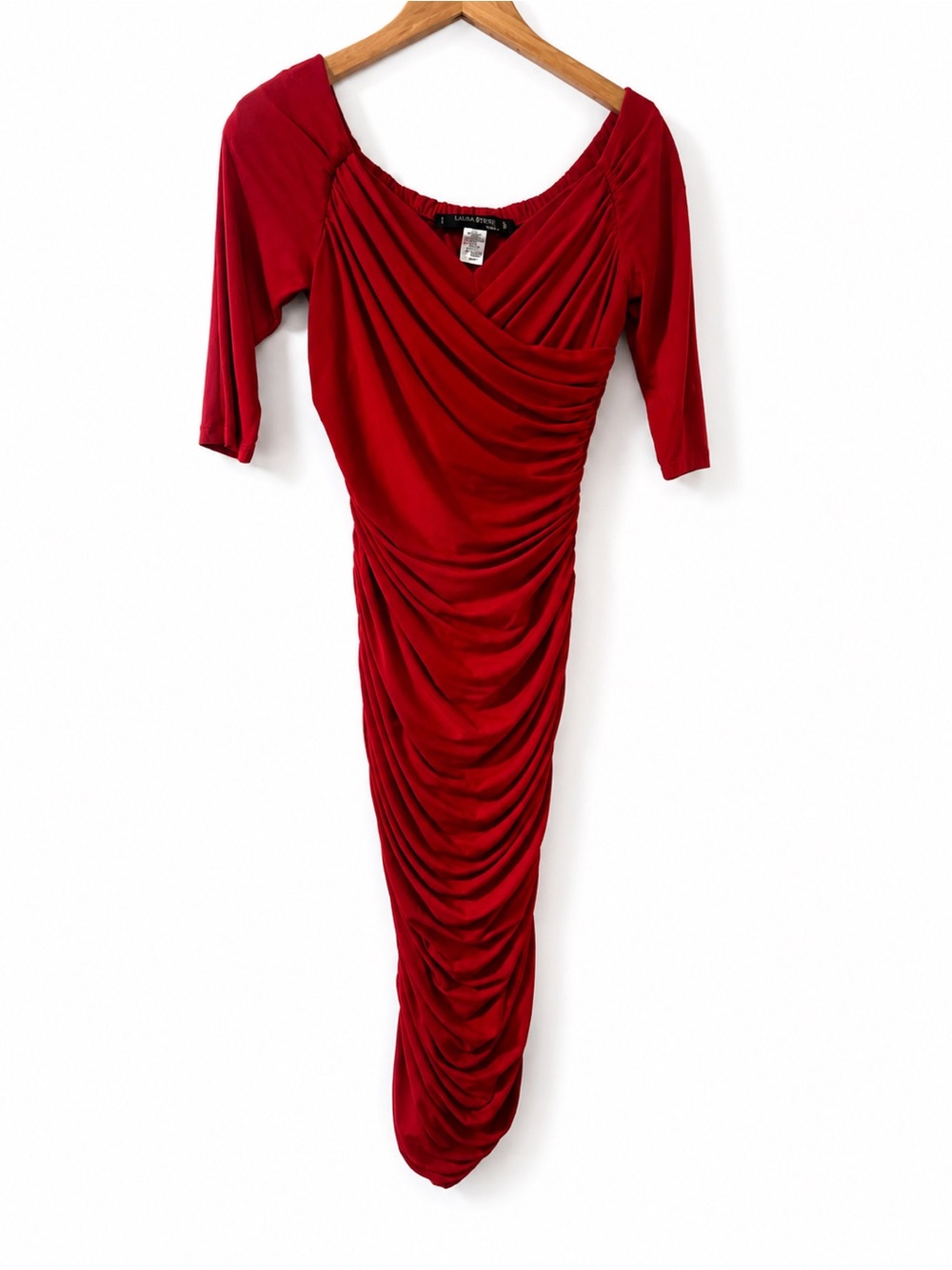 Laura Byrnes Red Ruched Midi Dress XL Vintage Inspired Pin Up 3/4 Sleeve USA - Picture 2 of 4